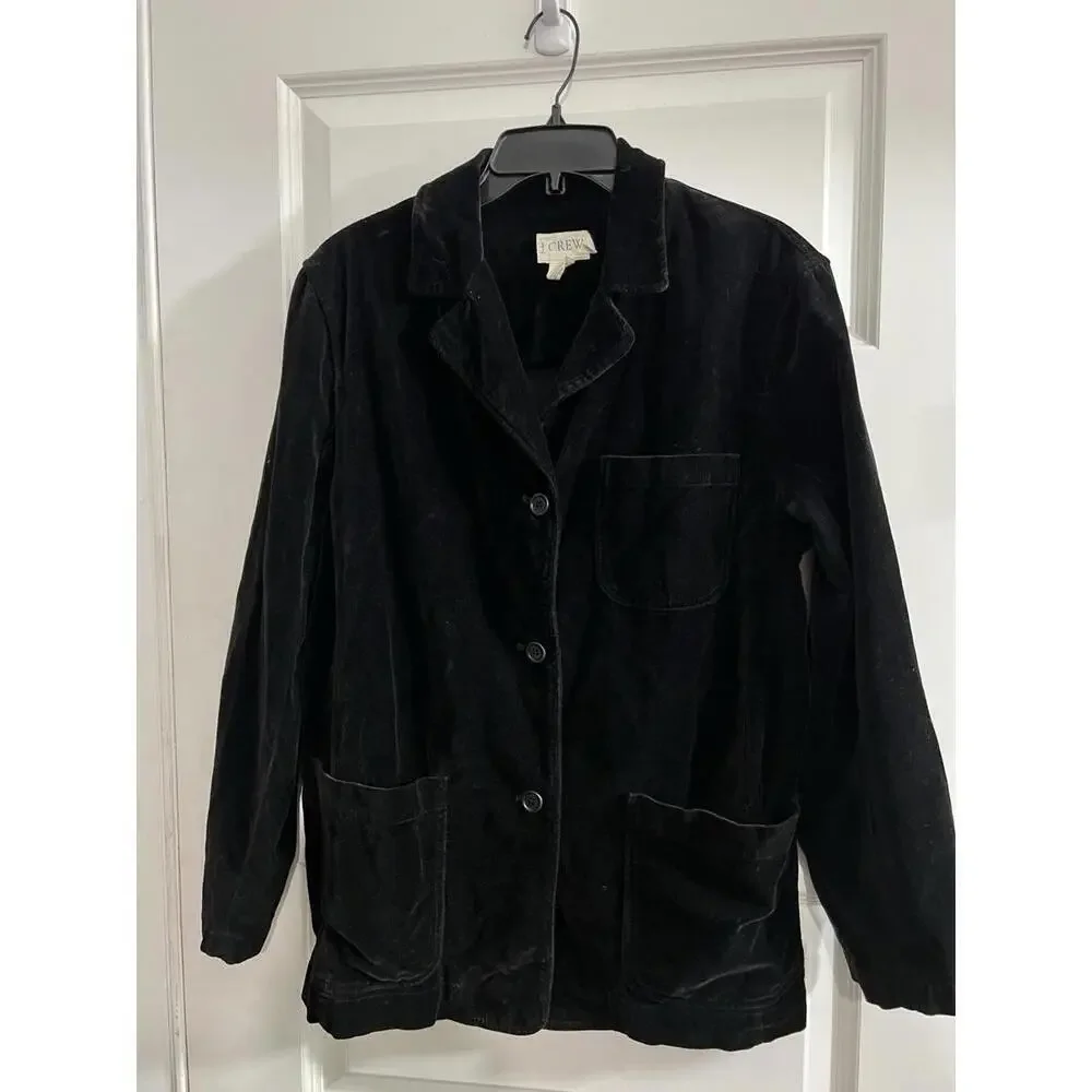 J Crew Velvet 100% Cotton Women 3 Button Loose Blazer Black Size Medium Preppy